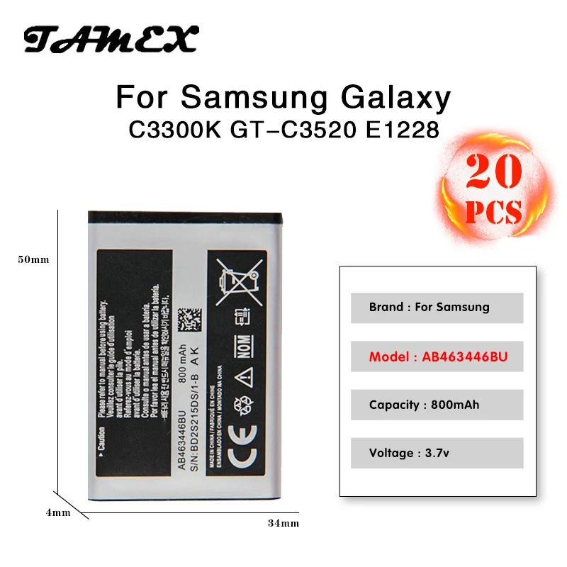 

Top Quality Replacement Battery AB463446BU For Samsung E1200M E1228 S139 M628 X520 F258 E878 gt-c3011 800mAh Phone Akku 20pcs