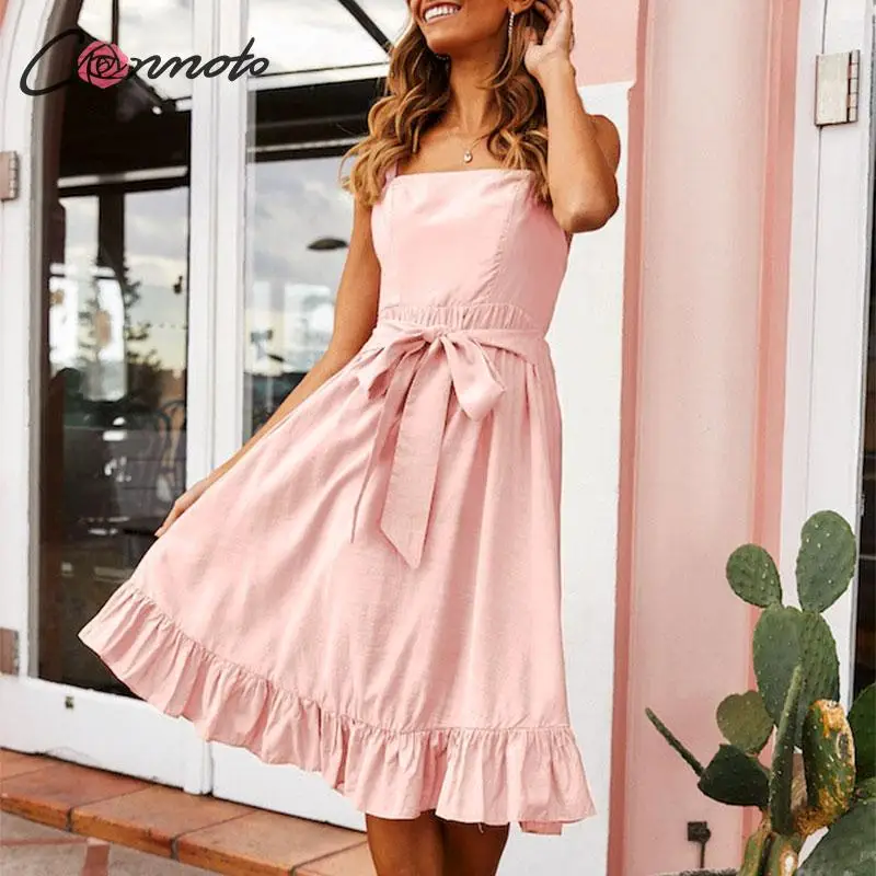 

Conmoto Casual Party Elegant Spaghetti Strap Dress Women Casual Lace Up Dress Bow Pink Solid Dresses Vestidos