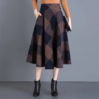 

England Style Red Plaid High Waist Long Skirts Woolen Plus Size 3XL A Line Pleated Saias 2019 Winter Women Tartan Skirts Saia