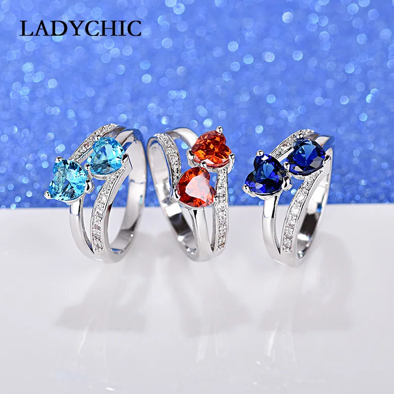 

LADYCHIC Romantic Silver Color Love Heart Rings for Women Blue/Green/Red 3 Colors AAA Zircon Crystal Engagement Ring LR1069