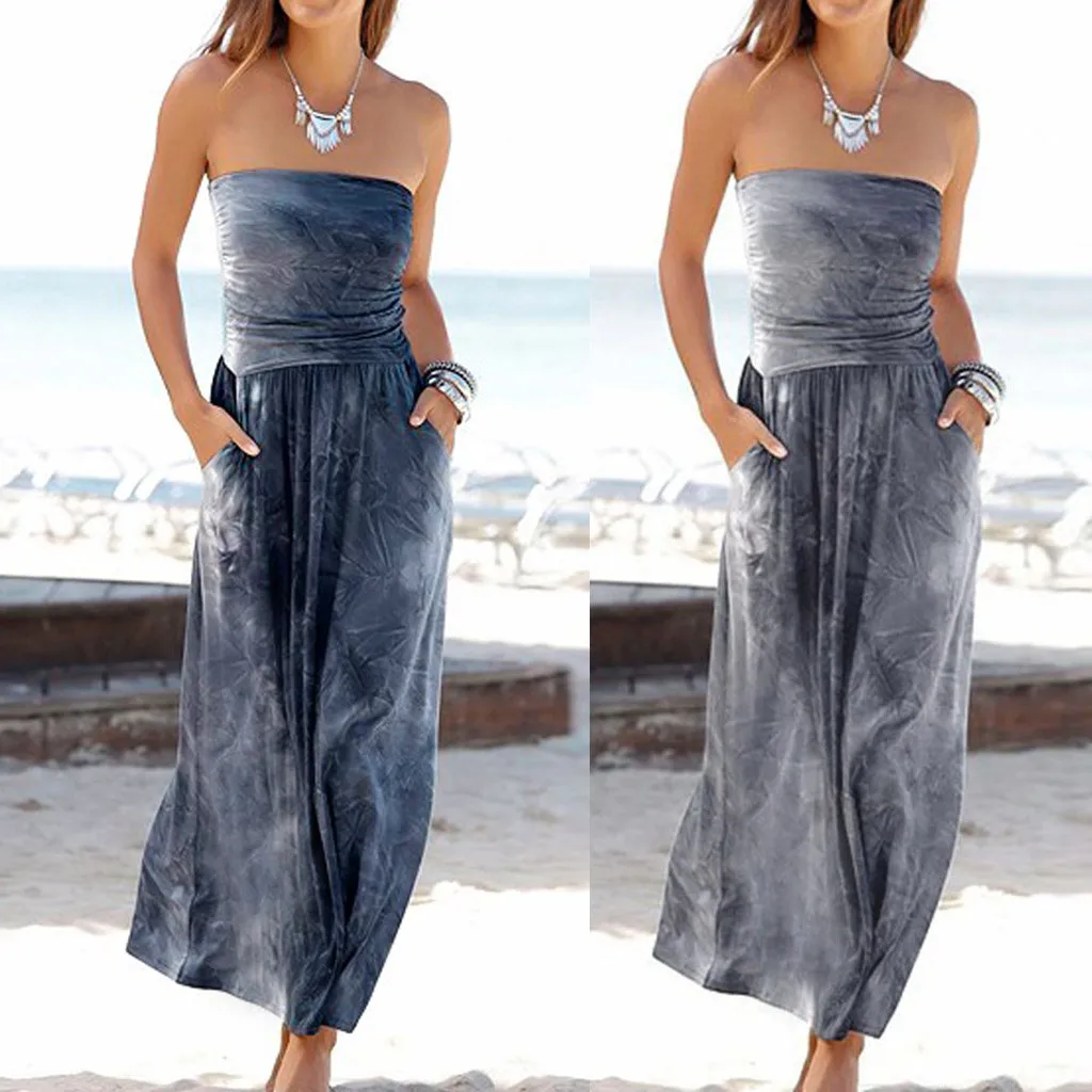

Womens Dress 2019 Women Bandeau Holiday Off Shoulder Sleeveless Tie dyeing Summer Maxi Dress