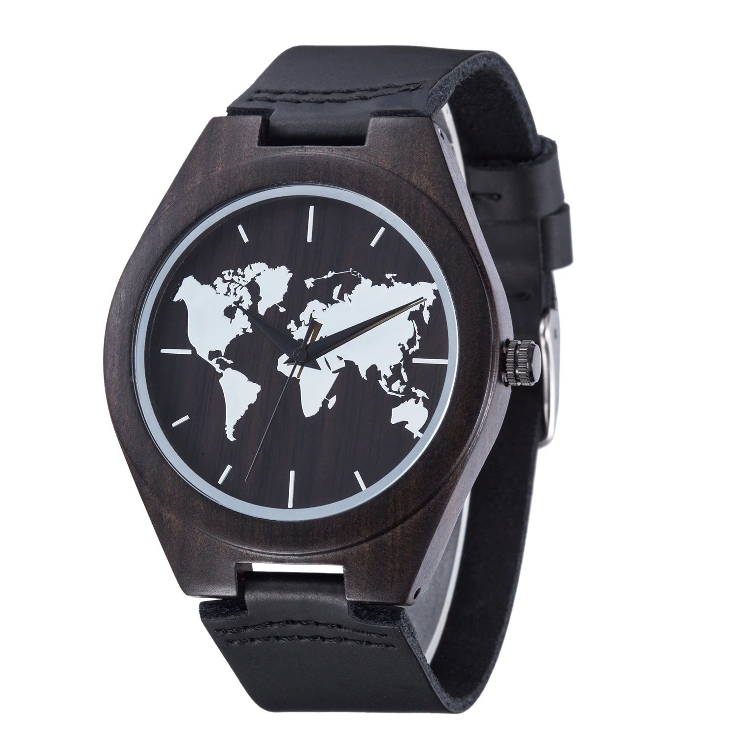 

New Black Wooden World Map Mens Genuine Leather Quartz Watch Bamboo Wood Male Wristwatches Fashion with Gift Box Reloj de Madera