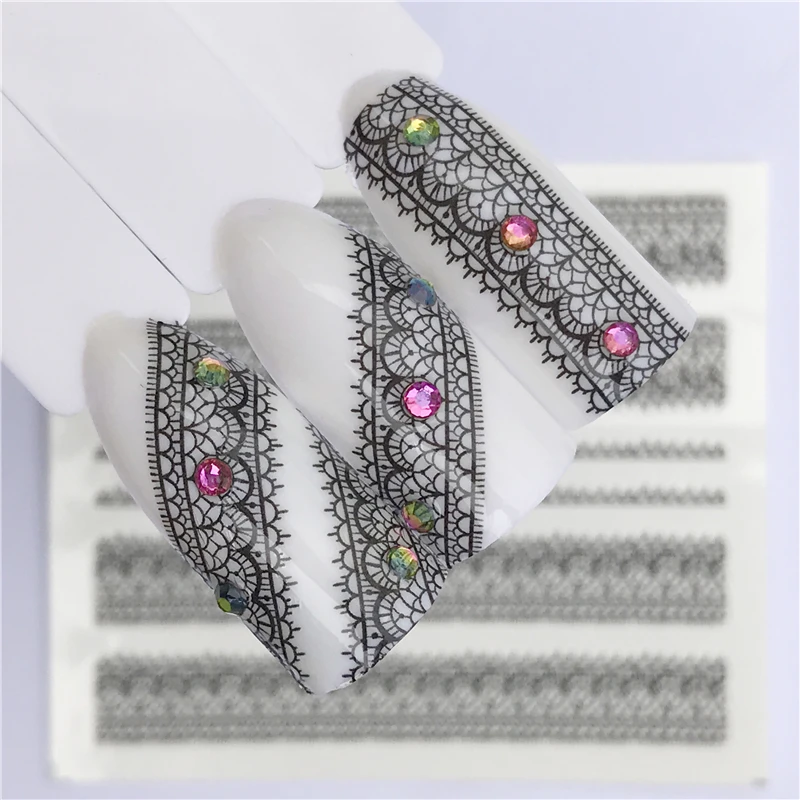 

YWK 1 Sheet Black Nail Stickers Water Transfer Decals Lace Flowers Butterfly Slider for Nail Art Decoration Manicure