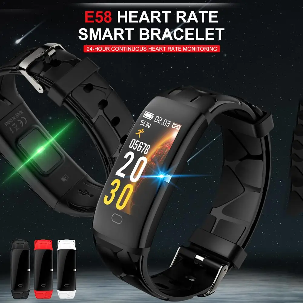 

2019 E58 Smart Band With Flash Light Fitness Tracker Heart Rate Blood Pressure Oxygen Sleep Detection Waterproof Smartwristbands