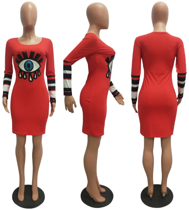 Блестками Глаза Лоскутная Bodycon платье Для женщин с длинным рукавом плюс Размеры