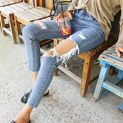 Brand Ripped Jeans Women Street Denim Pants Big Holes Torn Casual Trousers Skinny Pencil Pants Female Ankle Jeans