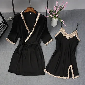 

Women Sleepwear Robe Sexy Lace Femme Robe Set Sleep Lounge Indoor Clothing Ladies Nightwear Bathrobe Night Dress with Chest Pad
