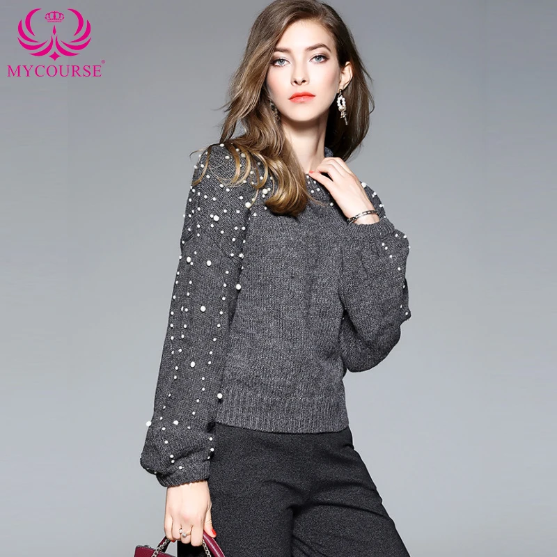 

MYCOURSE Winter Womens Pullover Sweaters Pearl Beaded Rib Knit Jumper Lantern Long Sleeve Stand Collar Tight Sweater For Women