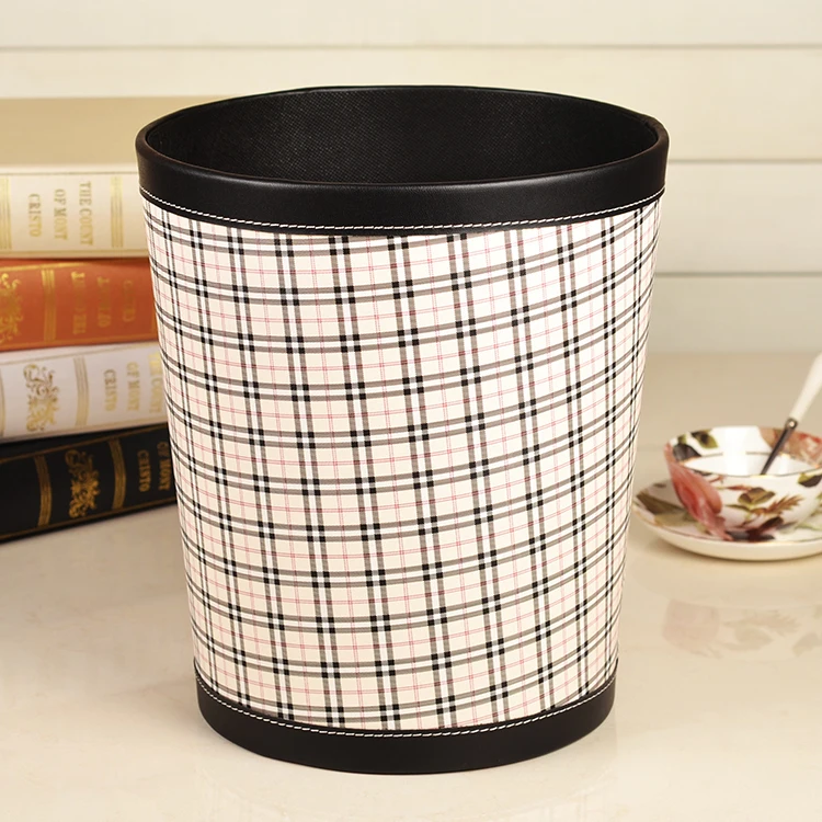 Handmade Grid Checker Leather Trash Can Waste Bin Case Cover Garbage