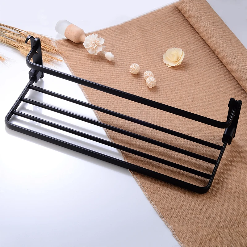 Towel Rack Hanging Holder Foldable Aluminum Bathroom Shelves with Hook Single Towel Bar Black Wall Mounted Corner Shelf Storage