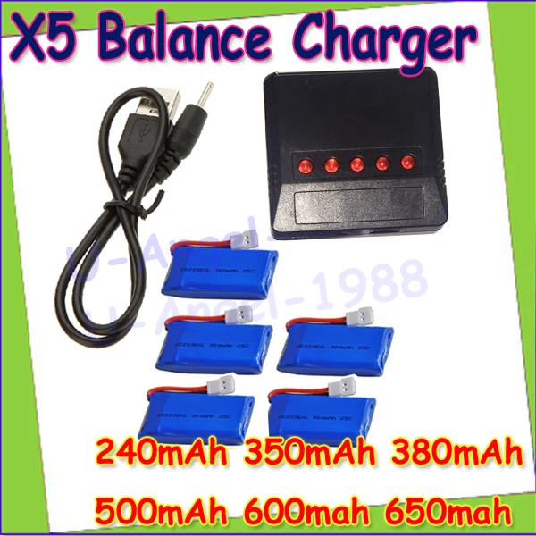 X5 зарядное устройство с 5 шт 3 7 V 240mAh 350mAh 380mAh 500mAh 600mah 650mah Lipo батарея для Hubsan X4 H107 H107L