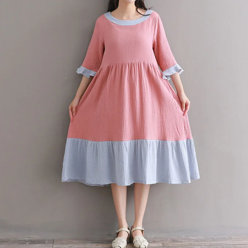 Latest Summer Fashion Half Sleeve Casual Midi Pink Cotton Dress For
