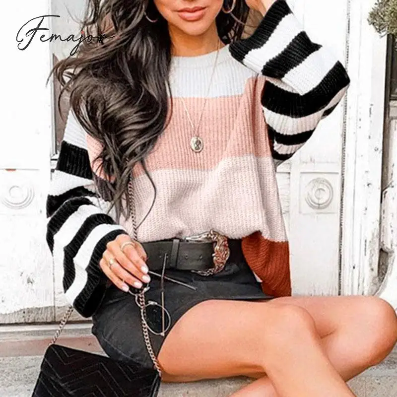 

Femajor Women Fashion Stripe Block Sweater 2019 Autumn Winter Long Sleeves Loose Knitted Tops Jumpers Female Casual Pullovers