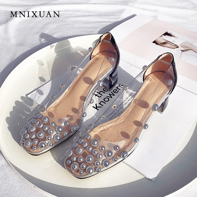 

MNIXUAN Transparent high heels women shoes pumps 2019 summer new PVC square toe rivets medium heels slip on casual shoes black
