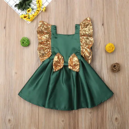 Модное зеленое платье без рукавов для маленьких девочек одежда для свадебного торжества с цветочным рисунком и блестками милое летнее платье принцессы - Цвет: Зеленый