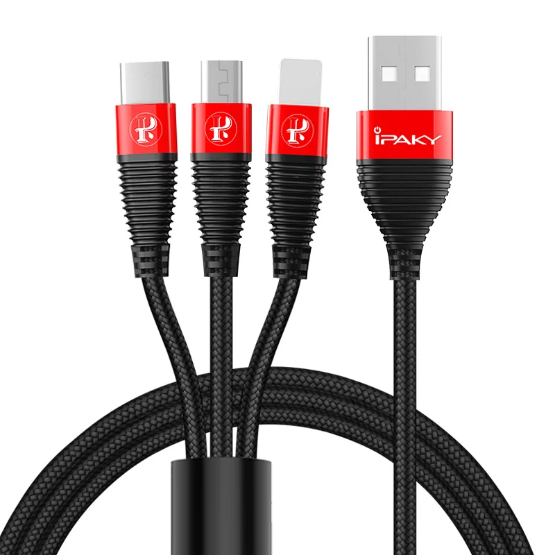 IPAKY USB кабель 3 в 1 быстрая зарядка usb-шнур синхронизации данных usb type C кабель для huawei mate 20 P30 для iPhone samsung Xiaomi - Цвет: Red