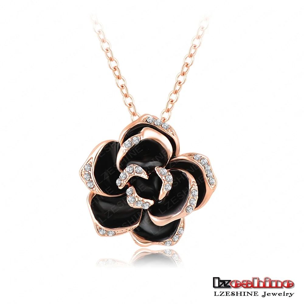 LZESHINE Black Enamel Rose Flower Pendant Necklace Rose Gold/Silver Color Austrian Crystal
