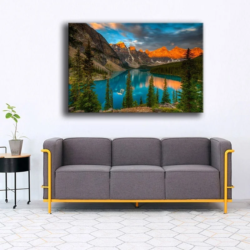 Картина на холсте для гостиной, рамка, 1 шт., Moraine Lake, настенная живопись, закат, дерево, горный лес, плакат, домашний декор