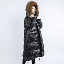 Зимний пуховик для женщин, парка с капюшоном, натуральный мех, воротник, европейский бренд, белый утиный пух, плотное теплое пальто, Свободное длинное, плюс размер