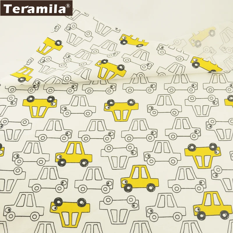 

Teramila Cotton Fabric Cartoon Yellow And White Cars Designs Twill Tissue Fat Quarter Home Textile Bedding Quilting Tecido