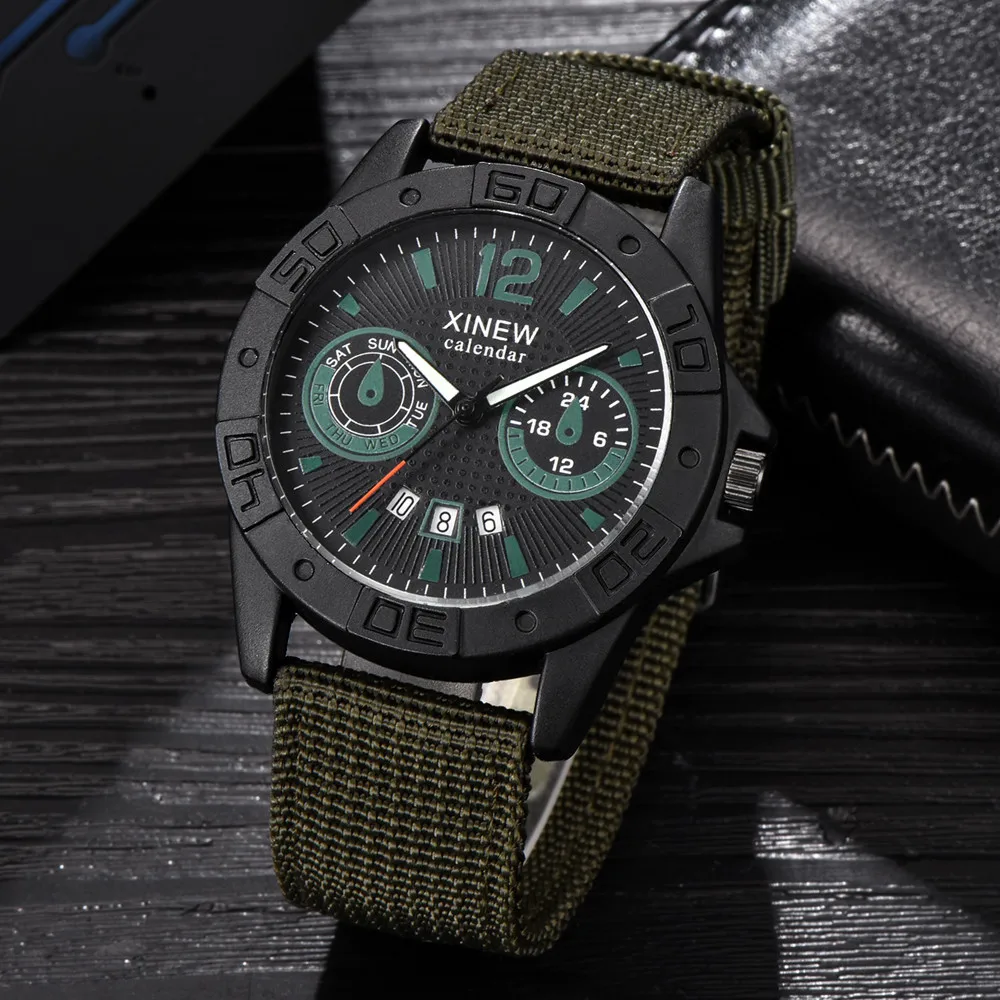 XINEW Canvas Wrist Watches Men's Sport Calendar Clock Relogio Masculino Top Brand Men Steel Dial Military Quartz Watch#Zer