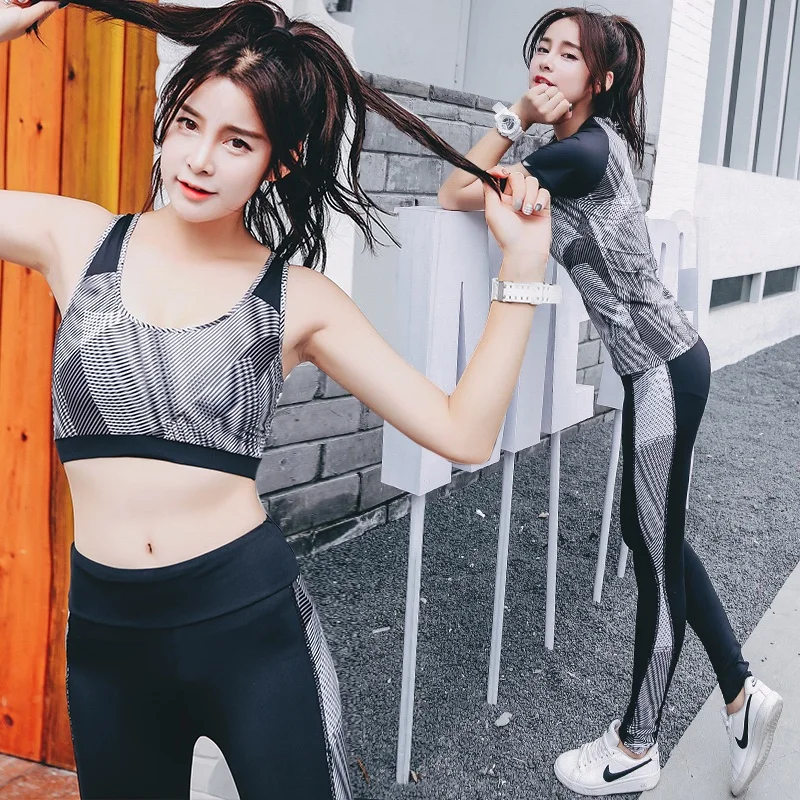 

3 in 1 yoga suit racerback bra short sleeve t-shirt sportswear long pant tight tracksuit for women fitness running gym home