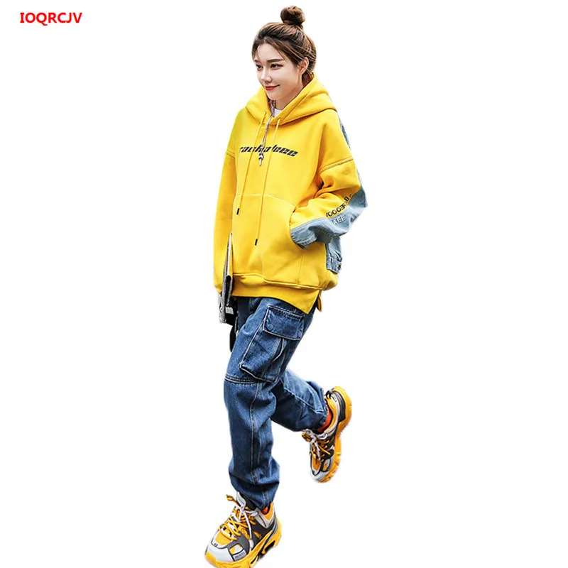 

BF Sports Suit Women's Denim Stitching Hooded pullover Sweatshirt +Denim Jeans Pants Two-piece 2019 Spring casual Tracksuit Set