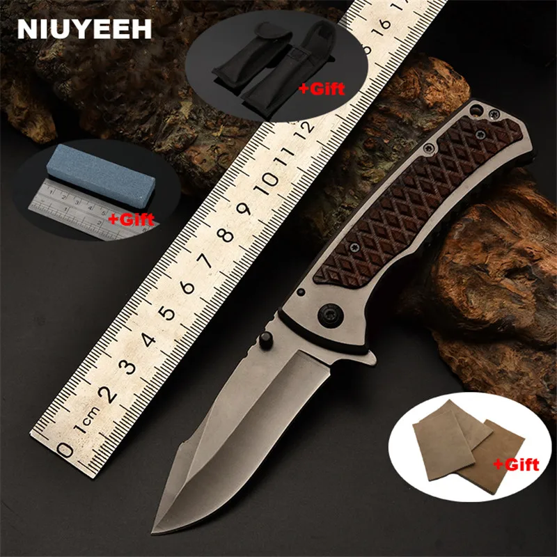 

Folding Knife Titanium Steel Blade + Wooden Handle Outdoor Camping Hunting Tactical Knife Survival Edc Tools & Gifts