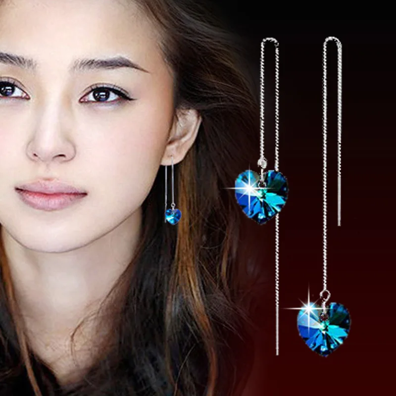 

100% 925 Sterling Silver Fashion Bule Heart Female Long Tassels Drop Shipping For Women No Fade Jewelry Gift Drop Shipping
