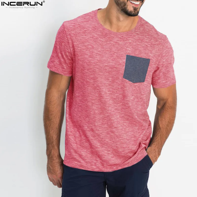 

2020 New Fashion Color Patchwork T-shirt Men Summer Short Sleeve Round Neck Basic Tee Shirt Male Tshirts With Pockets Brand Top
