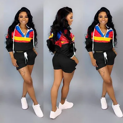 

2019 hot Zipper Up Patchwork Long Sleeve Trench Shorts Drawstring Suit 2 Piece Set Sporting Safari Tracksuit Outfit 5 Colors