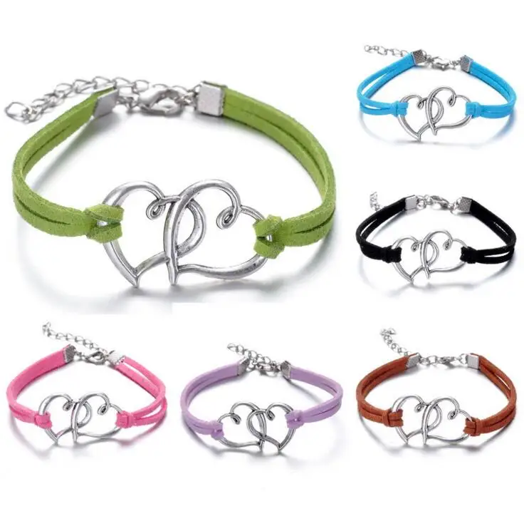 

Wholesale double heart bracelets antique Love Heart Leather Bracelet Charm Wristbands simple bracelet JW300