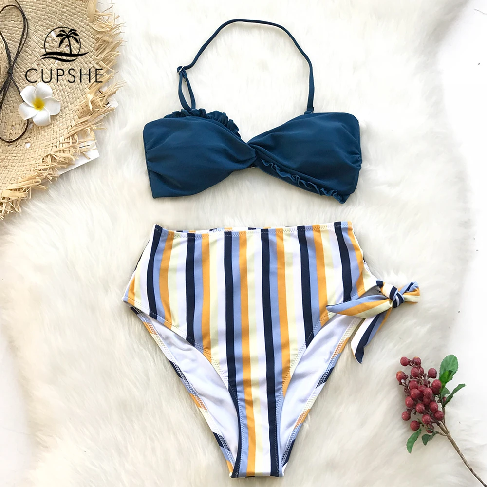 Online CUPSHE amarillo y Floral Tropical estampado de alta cintura Bikini conjuntos 2019 mujeres corazón cuello Halter dos piezas trajes de baño