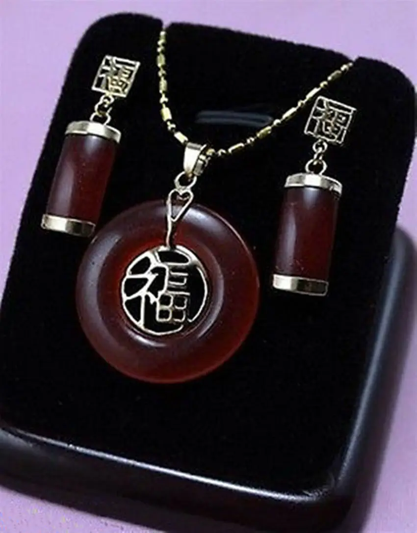 

Beautiful red jade chain hanging Earring Set^18K GP style Fine jewe Noble Natural jade FREE SHIPPING