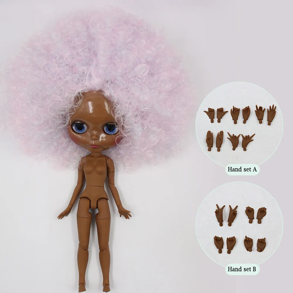 Fashion Doll 12/" Blythe Nude ICY Joint Body Black Afro Hair Tan Skin Glossy Face