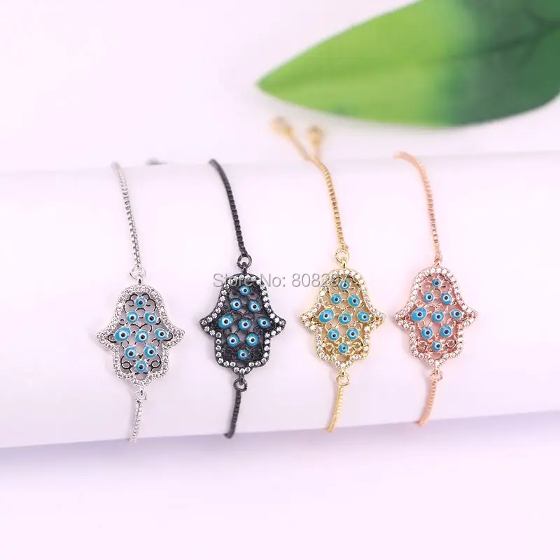 

10Pcs 4 Colors Pave Micro CZ Hand Hamsa Bead charm adjustable chain Macrame bracelet