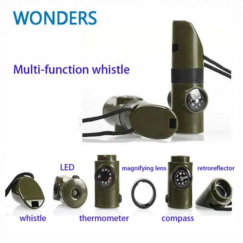 

New 7 In 1 Military Survival Whistle Multi-function Emergency Life Saving Tool Camping Hiking Accessory flashlight with Compass