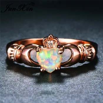 

JUNXIN Female White Fire Opal Rings For Women Rose Gold Filled Zircon Rainbow Birthstone Heart Claddagh Ring Engagement Jewelry