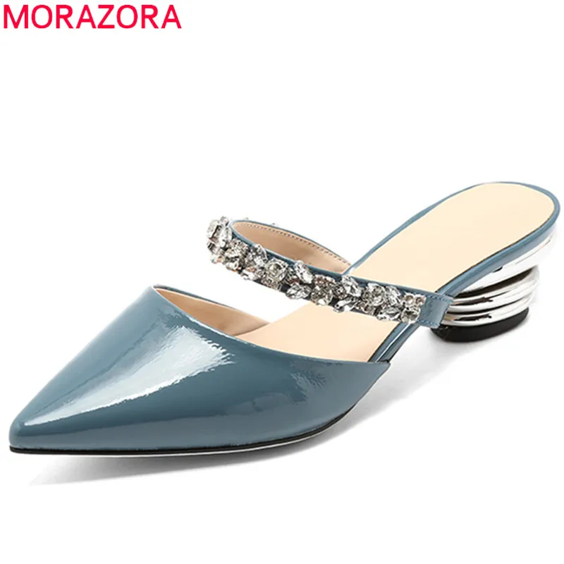 MORAZORA white casual fashion 2018 summer shoes woman pointed toe shallow elegant sandals women genuine leather med heels shoes smirnova 2018 summer new shoes woman pointed toe fashion rivet sandals women genuine leather med heels shoes square heel