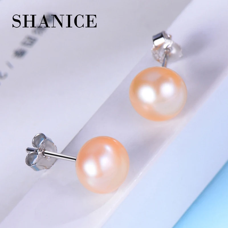 

SHANICE 925 Sterling Silver Genuine Natural Pink 6-8mm Freshwater Cultural Pearl Stud Earrings Wedding Jewelry Women Girls Gift