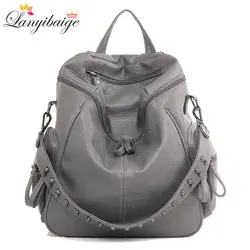 3-в-1 Брендовые женские рюкзак высокое качество кожаная школьная сумка Ривет деним moto style женские рюкзаки, в винтажном стиле, мягкая, женские