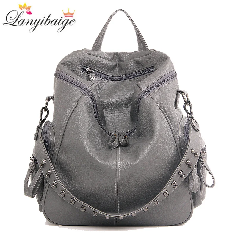 

3-in-1 Brand woman backpack high quality leather school bags Rivet moto style women backpacks vintage soft lady shoulder bags