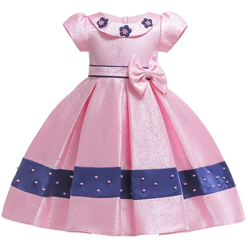 Платье для девочек с цветочным узором и бусинами; элегантная детская одежда с бантом и юбкой-пачкой; праздничная одежда для маленьких принцесс; Детские костюмы; одежда для детей 3-10 лет - Цвет: Розовый