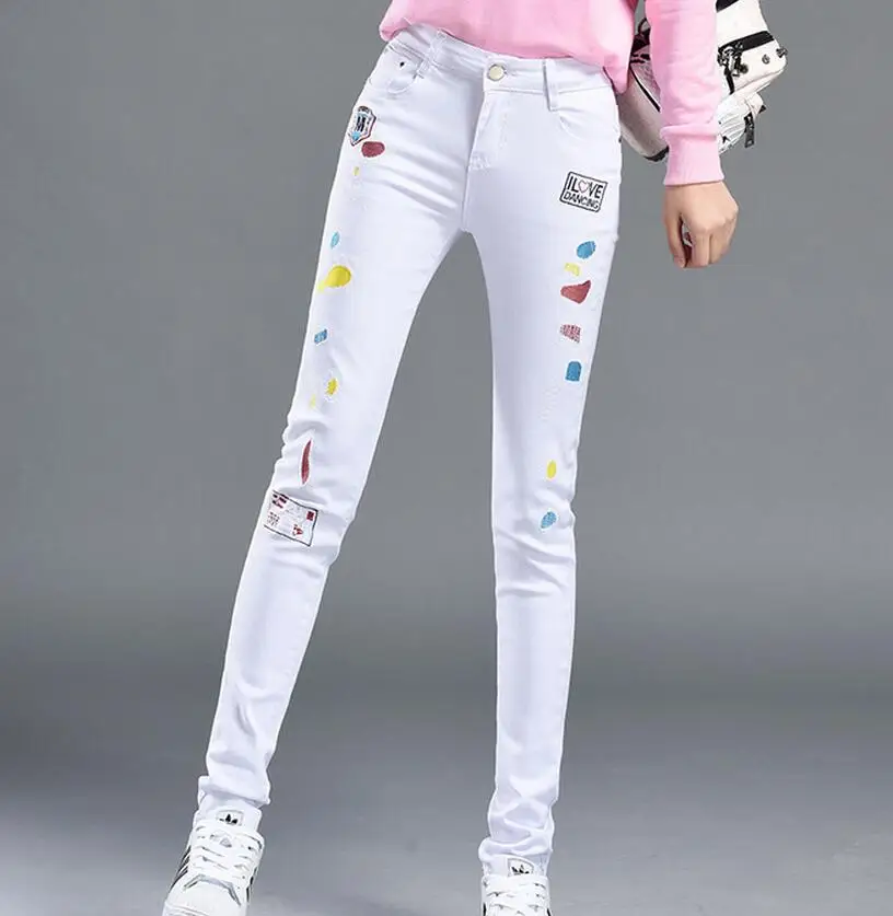 New White Jeans Spring Fashion Sexy Embroidery Print Skinny Pencil Pants Long Trousers Plus Size Slim