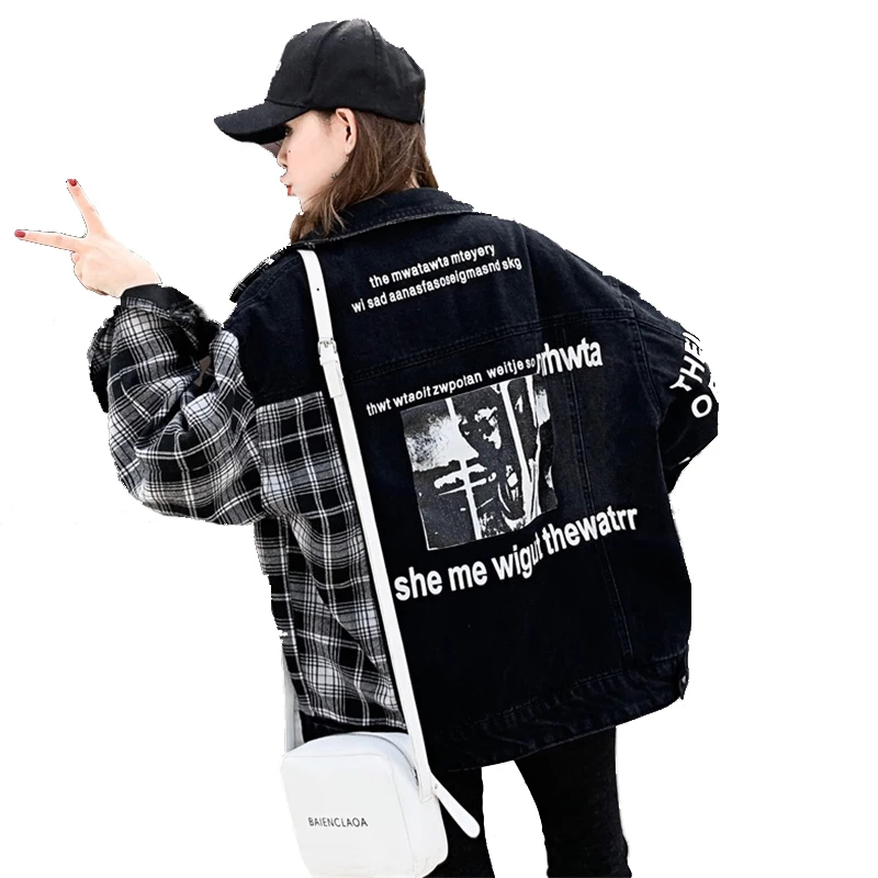 Autumn Stitch Black Loose Denim Jacket Harajuku Bomber Jacket Streetwear Plaid Black Jeans Jacket Women Letter Printed Jacket Autumn Stitch Black Loose Denim Jacket Harajuku Bomber Jacket Streetwear Plaid Black Jeans Jacket Women Letter Printed Jacket