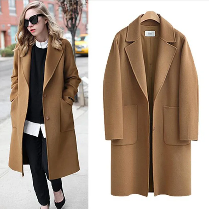 

Plus Size 5XL Women Spring Autumn Woolen Jacket Long Coat Solid Color Female Coats 2019 Turn Down Collar Coat For Women A101