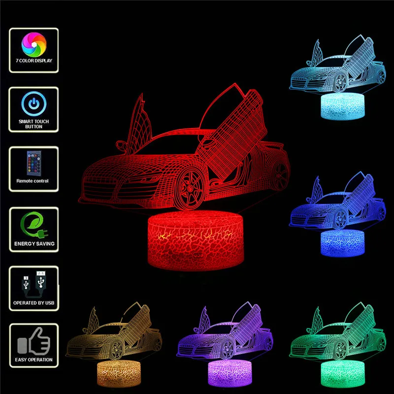 Спортивная Автомобильная форма светодио дный светодиодная 3D светящаяся лампа оптическая настольная ночник с 7 цветными сменными ночными