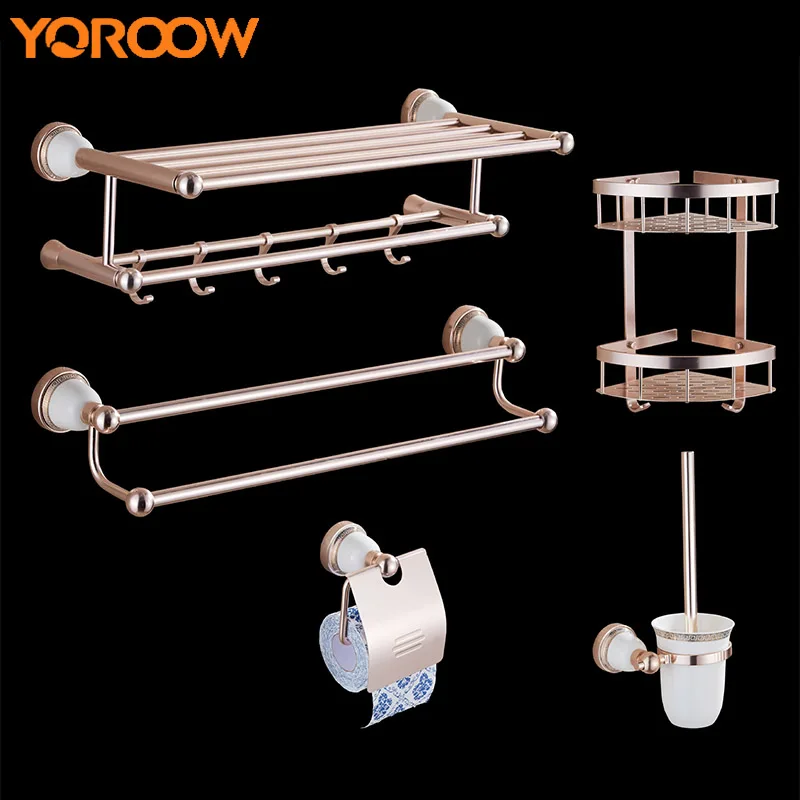 

Rose Golden Gold Bathroom Shelf Storage Corner Basket Towels Rack Toilet Paper Brush Holder Bath Metal Wall Mount Clothes SG0027