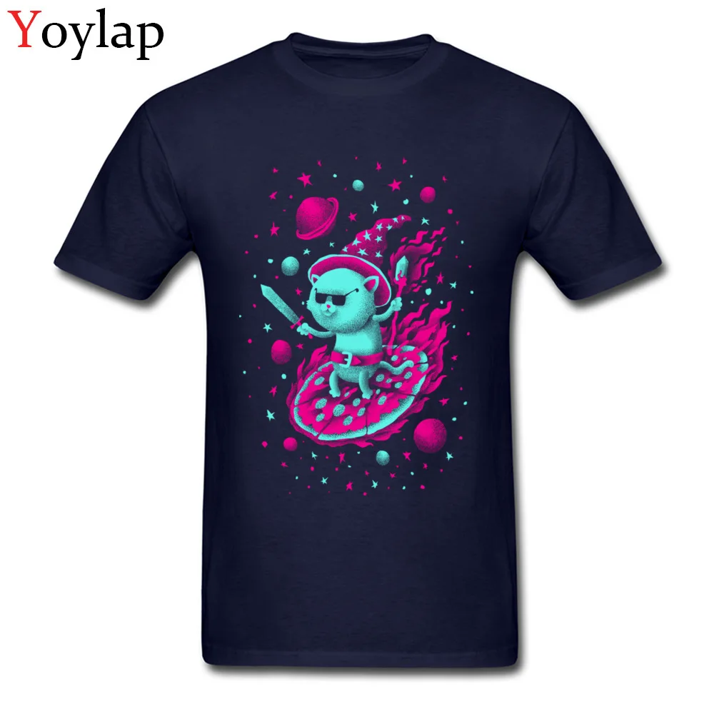 Cotton Tops Tees Cool Wizard Cat for Male Funny T-shirts Crazy Graphic Crew Neck Short Sleeve Tee Shirt Top Quality navy