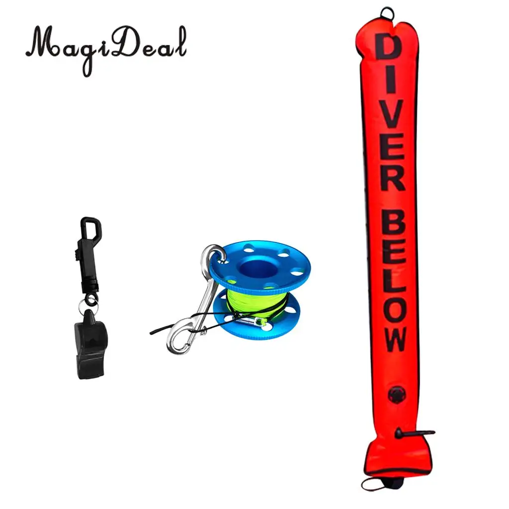 4FT Scuba Diving (SMB) Surface Marker Buoy Diver Signal Tube Orange + Dive Finger Spool Reel + Safety Emergency Whistle Black